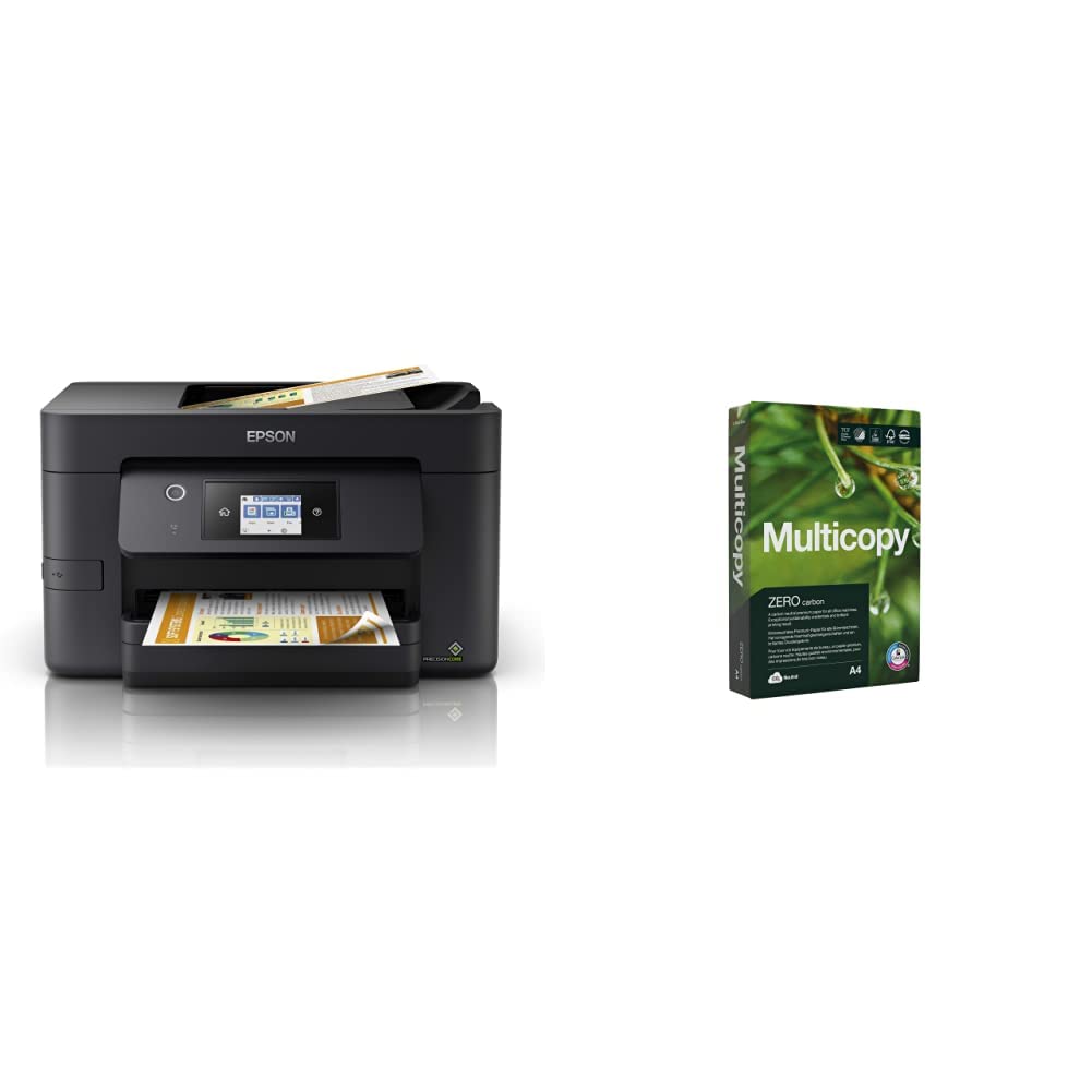Epson WorkForce WF-3820 All-in-One Wireless Colour Printer with Scanner, Copier, Fax, Ethernet, Wi-Fi Direct and ADF, Black & Multicopy Zero A4 Paper, 80gsm, 500 sheets,Pack of 1
