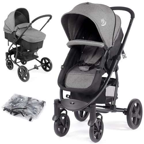 Hello-5ive Baby Stroller, Foldable Baby Pushchair with Rain Cover and Footmuff, Toddler Travel System Pram with Reversible & Adjustable Seat, Convertible Carrycot Buggy for Newborn to 3 Years, Grey