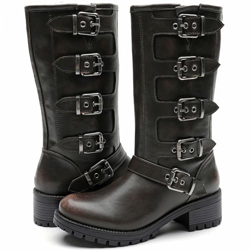 Image of GLOBALWIN Chunky Mid Calf Fashion Dressy Motocycle Biker Military Style Combat Boots for Women Low Heel