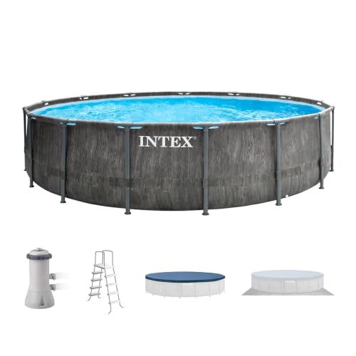 Intex Greywood Prism Frame 15' x 48' Round Above Ground Outdoor Swimming Pool Set with 1000 GPH Filter Pump, Ladder, Ground Cloth, and Pool Cover