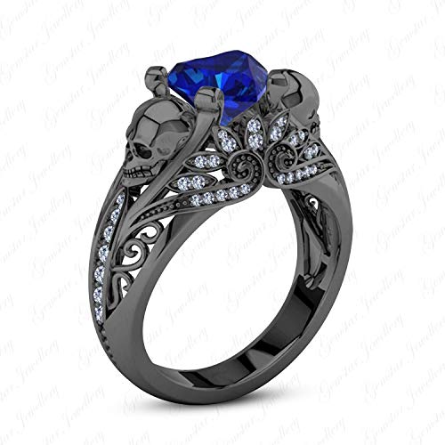 Heart Blue Sapphire 14k Black Rhodium Over 925 Silver Wedding Gothic Skull Ring