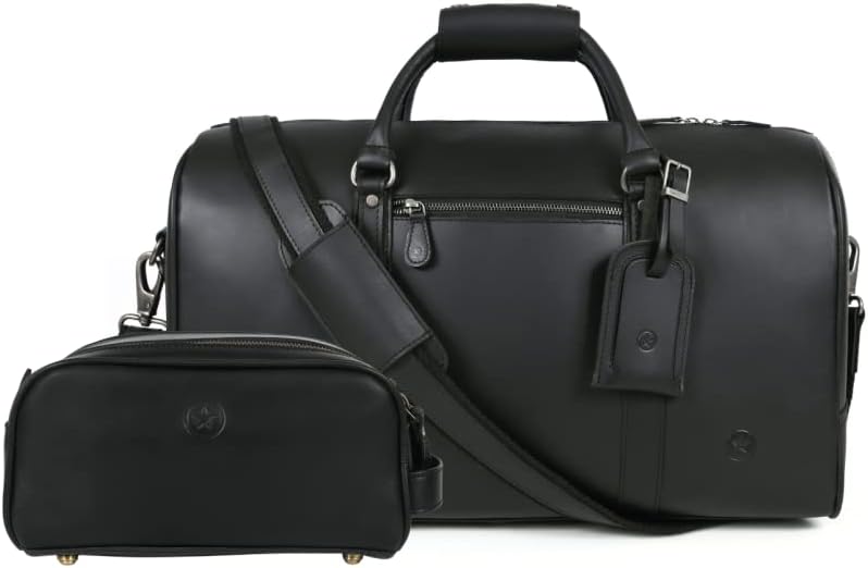 Leather Travel Duffel Weekender Bag with Toiletry Bag Dopp Kit Brown 20 Inch By Aaron Leather Goods (Cerulean Raven Gift Set, 20 Inch)