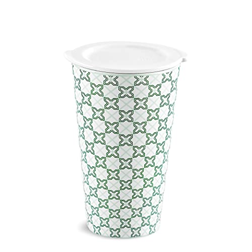 Minh Long I Graphic Pattern Porcelain Drinking Tumbler with Secure Gasket Lid 16 Oz, Hot Cold Drink Serving Travel To Go Mug for Tea Coffee Juice Home Portable Kitchen Tableware Cup, White & Green