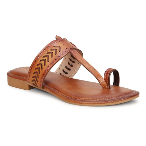 Image of Women's Kolhapuri Chappal Flats | Two-Tone Leatherette Ethnic Sandals with Toe Ring | Comfortable Handcrafted Traditional Slip-On Slippers for Ladies