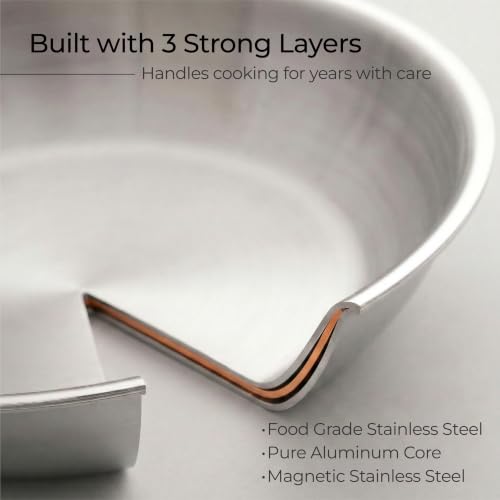 Image of Lifelong Tri Ply Fry Pan - 22 cm Stainless Steel Frying Pan with 1.25 Litre Capacity - Induction & Gas Compatible Cookware - Durable, Even Heating for Searing, Frying, and Sauteing (Silver)