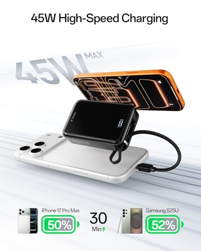 Image of iWALK Portable Charger, 10000mAh 45W PD Power Bank, USB C in&Out Fast Charging Battery Pack with Phone Stand, Travel Essential Powerbank for iPhone 17 16 15 14 13 12 Samsung S25 MacBook etc,Black