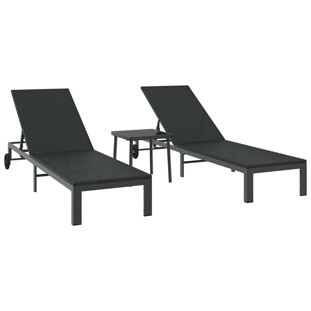 Chaise longue de jardin en polyrotin noir 206x62.5x74 cm avec table basse et roues intégrées