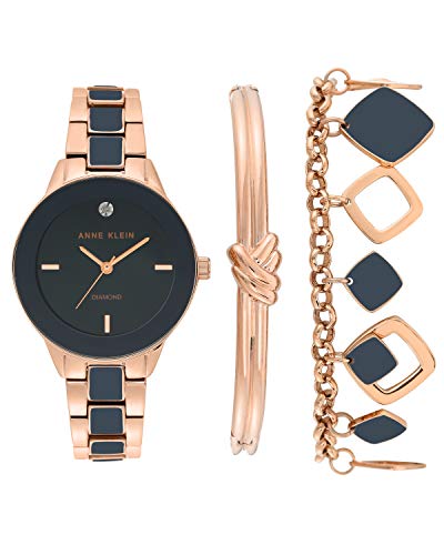 Anne Klein Women's Genuine Diamond Dial Rose Gold-Tone and Navy Blue Watch