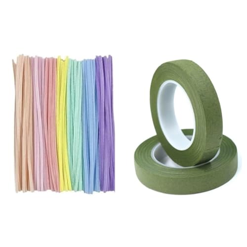 Pipe Cleaners Craft,Chenille Stems for DIY Flowers, Limpia Pipas Fluffy Fuzzy Sticks for Gift Wrapping, Party Decorations (100pc pastel+2 pc roll Green Ribbon)