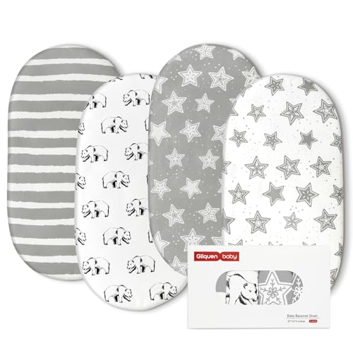 Image of Gllquen Baby Bassinet Sheets 4 Pack, Breathable Cozy Fitted Mattress Sheet, Elastic Travel Crib Fashionable Floral Pattern, Standard Cradle Safe Sheets for Baby Boys Girls 32"x16" (Star)