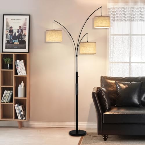 3 Light Arc Floor Lamp with Remote, Beige Shade Black Pole - Image 4