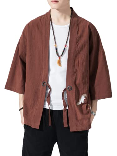 Image of Men's Japanese Kimono Cardigan Loose Cotton Linen 3 /4 Sleeve Open Front Casual Summer Shirt Jackets