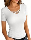 Aottori Camiseta Acanalada Mujer Manga Corta Verano Cuello V Básica Ajustada Estirada con Tirantes Cruzados Capa Base Camiseta Interior Casual Sencillo Pullover Top Tunica Blanco M