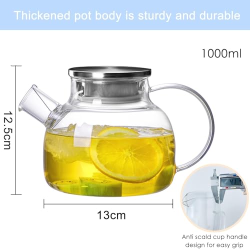 Diompirux 1000ml hochwertig Teekanne aus Glas mit Deckel, Hitzebeständig und Mikrowellenbeständig, Herausnehmbarer Edelstahlfilter und Ausguss-Filter, für Schwarzen Tee, Grüner Tee, Fruchttee