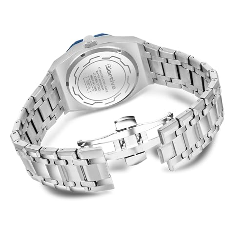 Image of Portive Quartz Watch for Men, Silver Stainless Steel Bracelet, Black Dial, Date Display, Octagonal Case