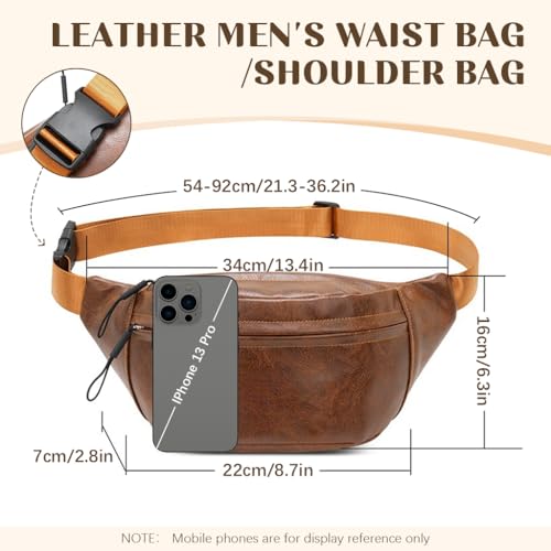 Image of GUSTAVE PU Leather Waist Bag for Men Vintage Brown Shoulder Bag with Adjustable Quick Release Strap, Double Layer Design for Outdoor & Casual Use, Crossbody & Waist Bag, 22x7x16cm Stylish & Durable