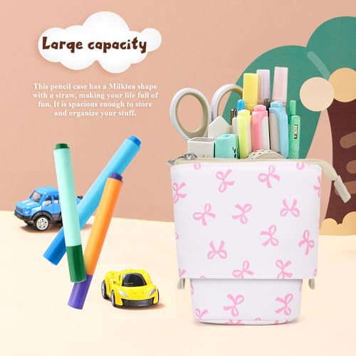 Image of KPX Cute Standing Pencil Case Pen Holder for Kids, Pop Up Stand UP Bubble Tea Pen Organizer Kawaii Stationary for Christmas Holiday New Year Office (Bow)