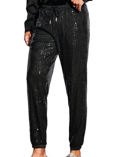 WDIRARA Men's Slant Pocket Contrast Sequin Drawstring Waist Long Solid Jogger Pants