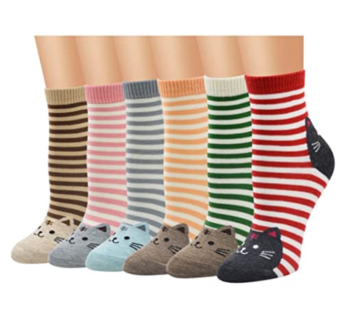 Calcetines Cómodos 6 Pares De Calcetines Divertidos Animales En 3D, Bonitos Gato Para Mujer, Rayas, Huellas, Informales, Suaves Suaves Reforzada