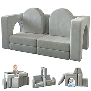 wanan Kids Couch 10PCS Modular Kids Play Couch for Playroom Bedroom 10 in 1 Multifunctional Kids Sofa for Playing Creativing Sleeping Indoor Toddler Couch for Boys and GirlsGrey
