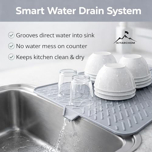 Image of Large Silicone Dish Drying Mat for Kitchen Sink with Drain Lip | Dry Mat for Kitchen Utensils | Silicone Mat for Kitchen Sink, Sink Organizer & Dish Drying Pad 42x32 cm (Grey)