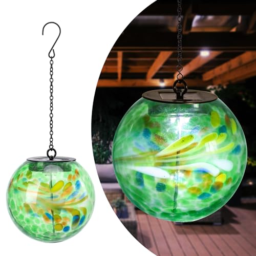 Solar Hanging Lanterns Outdoor Solar Glaze Glass Lantern Globe Hanging Outdoor Lights for Garden Yard Home Decoration Green