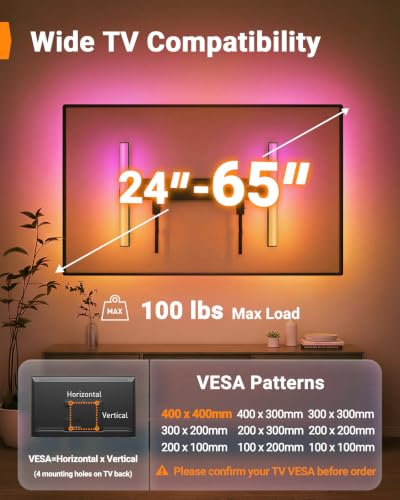Image of Perlegear No Stud TV Wall Mount with LED Light for 24-65 inch TVs | Studless TV Mount with RGB Light, No Drill, drywall, Easy Install, Low Profile, Max VESA 400x400mm, Holds 100 lbs
