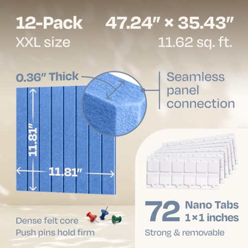 Image of X-Large Cork Board Alternative 12-Pack Felt Bulletin Board Thick and Decorative Pin Board for Home Office Walls 47.24 x 35.43 Inches with 72 Adhesive Tabs - [Grand Blue]