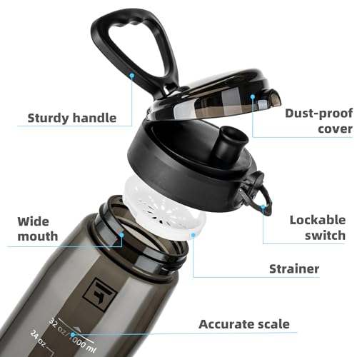 Image of Fanhaw 32 oz Clear Plastic Water Bottle, BPA Free Leakproof Tritan Sports Water Bottle with Chug Lid, Wide Mouth Reusable Bottle for Gym, Travel, School & Office (Black)