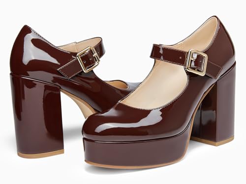 Image of Coutgo Womens' T-Strap Round Toe Chunky Platform Heels Patent Mary Jane Dress Shoes