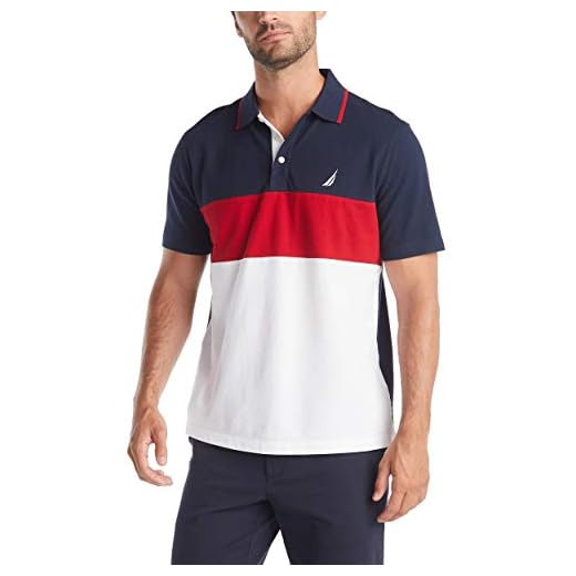 Nautica Camisa polo masculina de manga curta 100% algodão piquê color block, Azul marino, 3G