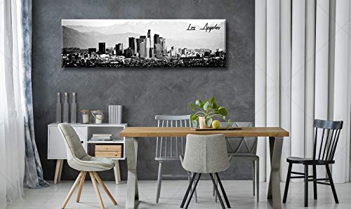 Image of DJSYLIFE Los Angeles Skyline Wall Art Black and White USA Panoramic Cityscape Picture Canvas Prints Artwork for Bedroom Men Room Office Decoration Painting Ready to Hang 13.8 inchx47.3 inch