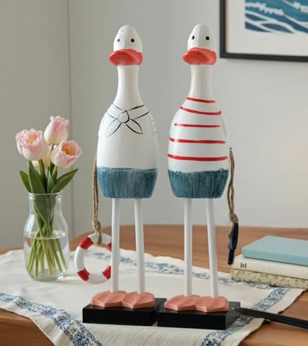 Rekeell Creative Mediterranean Wooden Sailor Duck Sculpture, White with Red