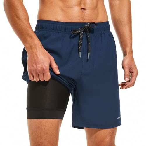 Image of HODOSPORTS Mens 7 inch Swim Trunks with Compression Liner S-6XL Quick Dry Swimming Shorts Zipper Pockets Swimsuits