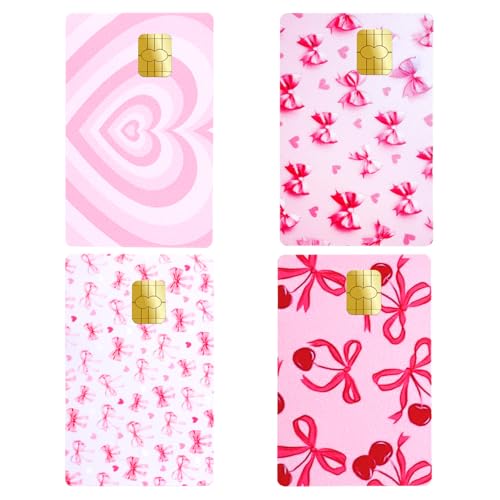 Maxqzin 4 Pcs Credit Card Skin, Debit Card Skin Slim Waterproof No Bubble Pink Cute Bow Heart Credit Card Sticker for Transportation Key Debit Gifts Women (4 Styles)