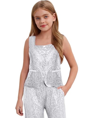 Kids Girls Shiny Sequins Vest Sleeveless Jazz Hip-hop Dance Jacket Waistcoat Stage Performance Top Gilets3