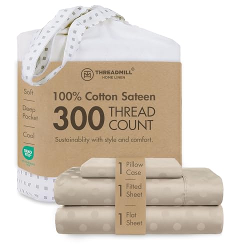Image of Threadmill 300 Thread Count Cotton Twin Sheet Set, Sateen, Jacquard, Beige | 100% Cotton, Sateen Weave, Jacquard Pattern, 3-Piece Set, 16 inch Deep Pocket, Cooling, Fade-Resistant, Breathable