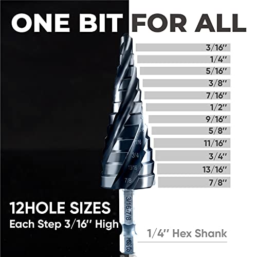 Augtouf 6974157528141 Toolant Four Spiral Flute Cobalt Step Drill Bit(Pro), 3/16 Inch - 7/8"(12 Step Size) Impact Ready Unibit Step Drill Bit, 1/4 Inch Hex Shank Step Bit For Metal, Stainless Steel thumb #4