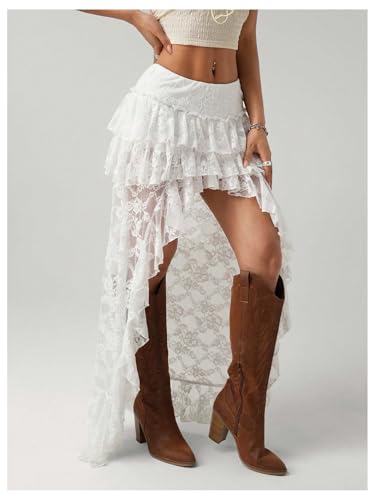 SHENHE Women's Western Y2k Lace Maxi Skirt Tiered Ruffle High Low Renaissance Boho Fairy Skirt4