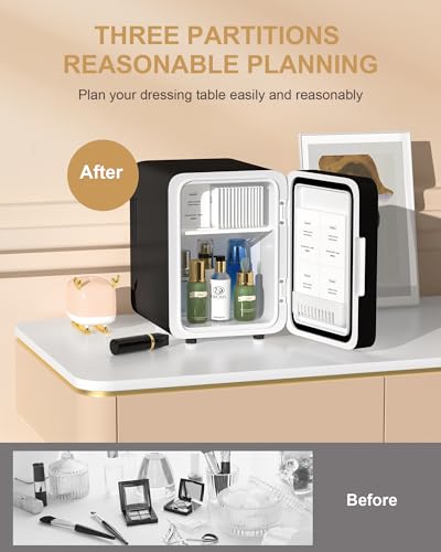 Image of CUTIEWORLD Makeup Fridge With Dimmable LED Light Mirror, 4L Mini Fridge for Bedroom, Car, Office & Dorm, Cooler & Warmer, Portable Small Refrigerator for Cosmetics, Skin Care and Food, Black