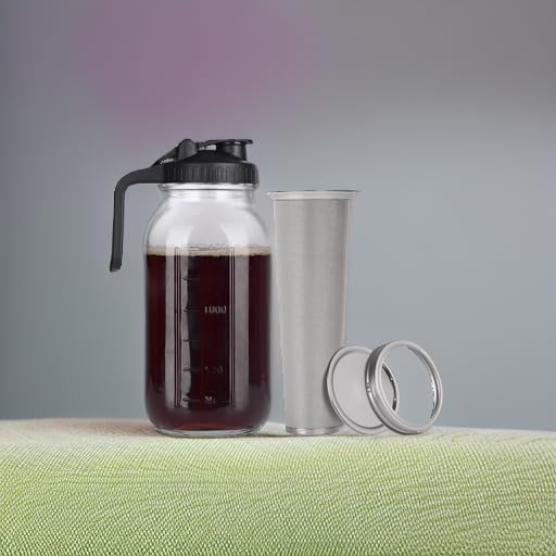 Miniatura 5 de Cafetera helada en tarro de cerveza fría, vidrio duradero, 64 onzas (2 cuartos de galón1.9 litros), con asa y filtro de acero inoxidable para café