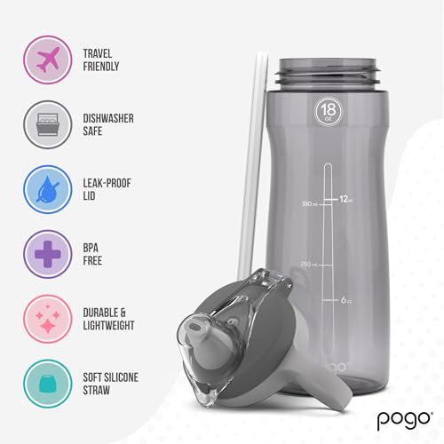 Image of Pogo BPA-Free Tritan Plastic Water Bottle with Soft Straw Lid, 18 Oz, Grey