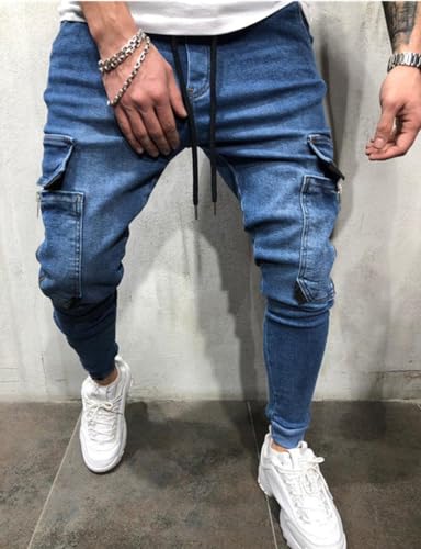 IDEALSANXUN Mens Cargo Slim Fit Skinny Stretch Jeans Denim Pants with Drawstring4