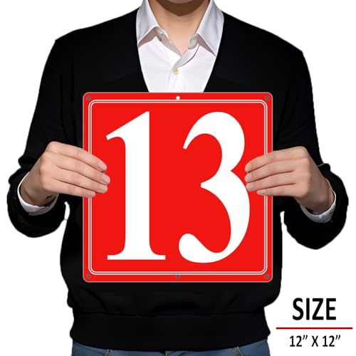 Image of Premium Aluminum Number Signs 13, Metal 12 inch X 12 inch Red Numbered Signs Outdoor for Parking Lots, Floor, Dock, Court, Aisle, Field, High Visibility, No Fade, Weather-resistant