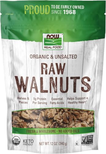 Image of NOW Foods, Certified Organic Walnuts, Raw and Unsalted, Halves and Pieces, Good Source of Protein and Healthy Fatty Acids, Certified Non-GMO, 12-Ounce (Packaging May Vary) (Pack of 12)