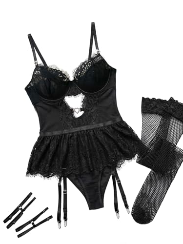 Image of Lace Garter Lingerie Set Underwire Push Up Lingerie Set Stockings