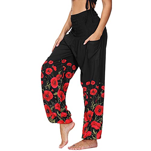 Nuofengkudu Femme Baggy Sarouel Pantalon Taille Elastique Thailande Ethnique Fleuri Imprimé Chic Indien Yoga Pants Casual Ete Plage(A-Noir Rouge,Taille Unique) Cover