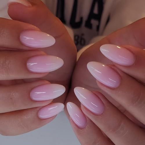 Pink Gradient Press on Nails Medium Almond Fake Nails with White Ombre Design  Nail Glossy Glue on Nails Artificial Acrylic Stick on Nail for Women Girls Manicure 24pcs