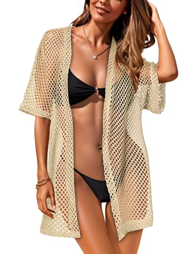 CHICGAL Women Swimsuit Coverup Crochet Beach Cover Up Short Sleeve Kimono Cardigans Causal Bikini Open Front Outfits