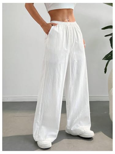 Image of SHENHE Girl's Linen Low Waisted Drawstring Button Front Loose Long Pants Casual Boho Trousers